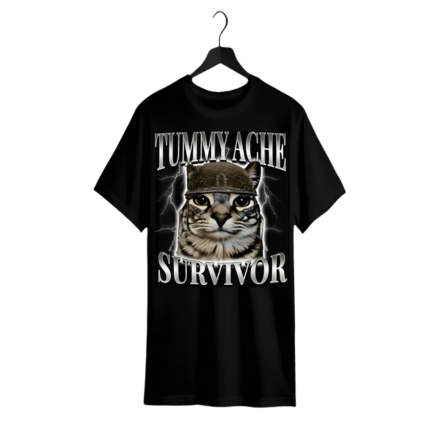 Funny Cat Sarcastic Humor T-Shirt - "Tummy ache Survivor" Graphic with Military Cat Design, 100% Cotton Relaxed Fit unisex Tee, Machine Washable, Cat Tshirt, allseason apparel, Humorous Graphic Tee,