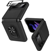 LSHAOPING For Galaxy Z Flip 3 Case with Hinge Protection, 360°Rotate Ring Stand Magnetic Cover Case with Built-in Tempered Glass Camera Screen Protector for Samsung Galaxy Z Flip 3 5G - Black