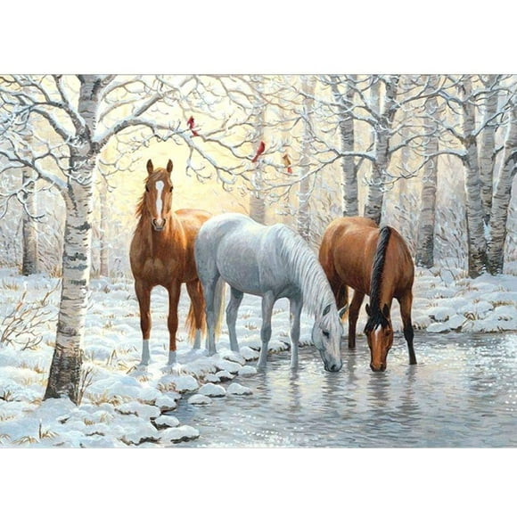 5D Diamond Painting Diamond DIY Painting by Number Kits, Diamond Crystal Rhinestone Embroidery Paintings Pictures Arts Craft, 11.8 x 15.7 Inches(Snow And Horses Drink In Winter)