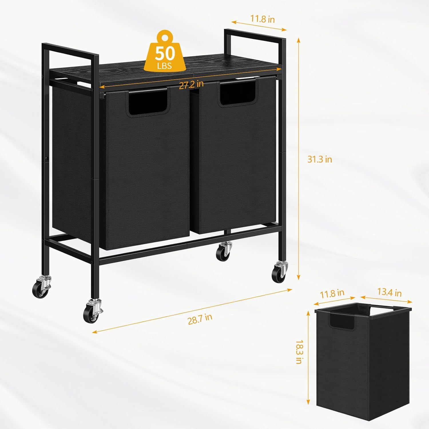 Oumilen Removable Bag 2-Bins Metal Laundry Sorter with Wood Shelf, Black