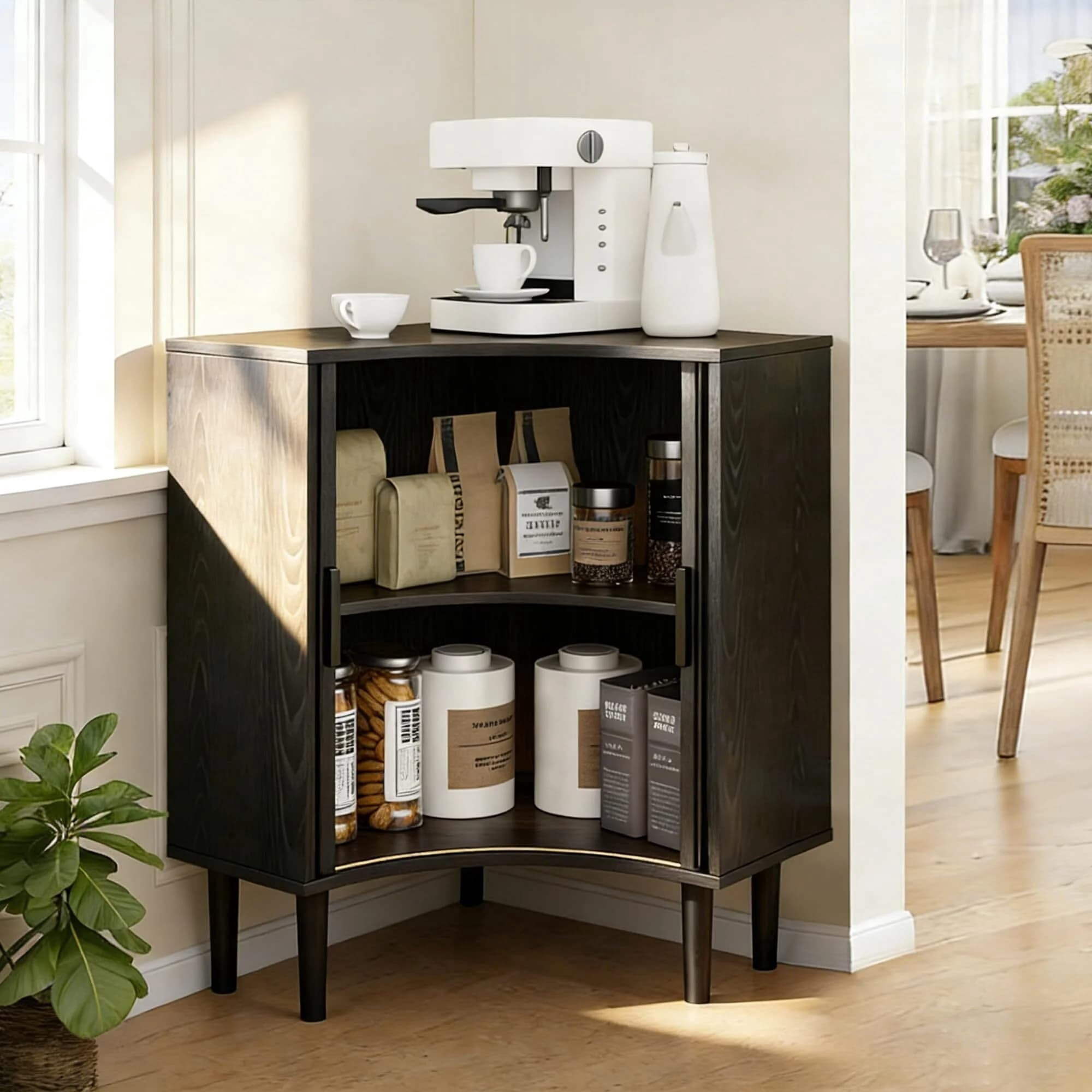 Modern Fluted Corner Cabinet with Sliding Doors, Small Wood Corner Storage for Small Space, Black