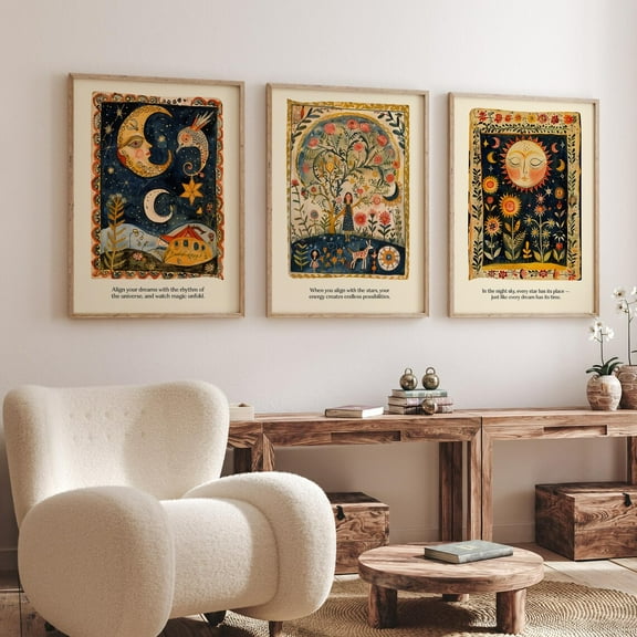 Luvia Bohemian Folk Art Celestial Set Of 3 Posters - Mystical Moon Sun Artwork - Cosmic Astrology, Modern Wall Decor Set 3 Prints 8x12 UNFRAMED