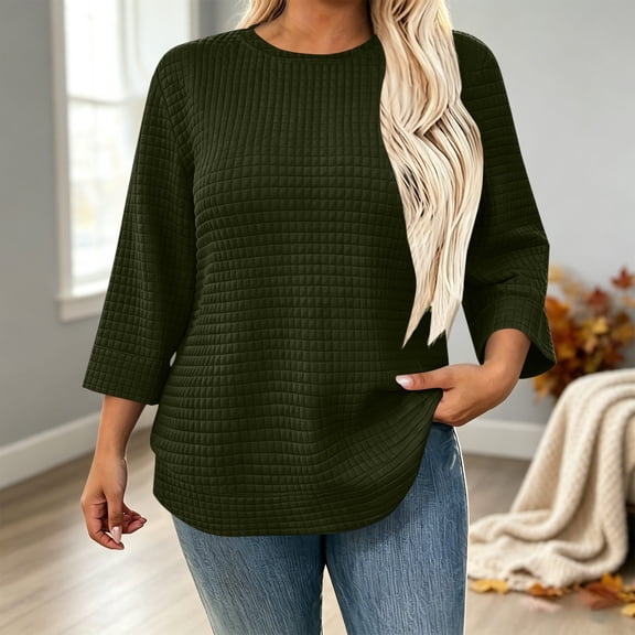 Mifsaly Plus Size Crewneck Sweatshirts Women Waffle Textured 3/4 Sleeve Pullover Sweatshirt Army Green,XXL