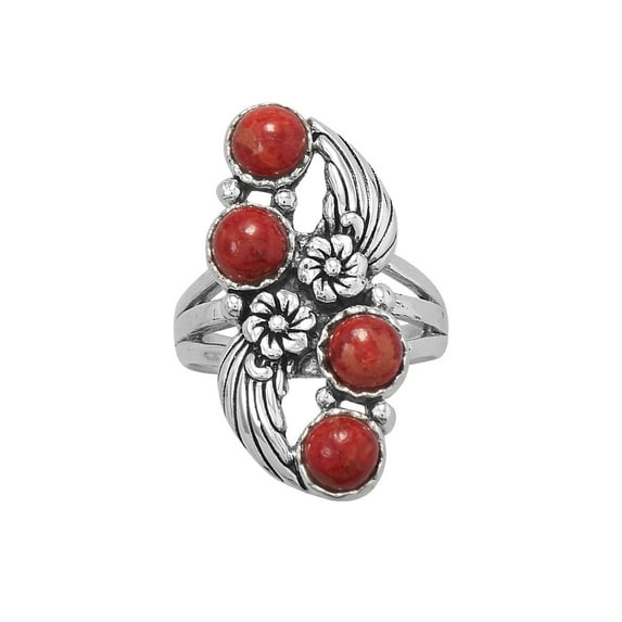 .925 Sterling Silver Floral Design Dyed Red Coral Women's Ring
