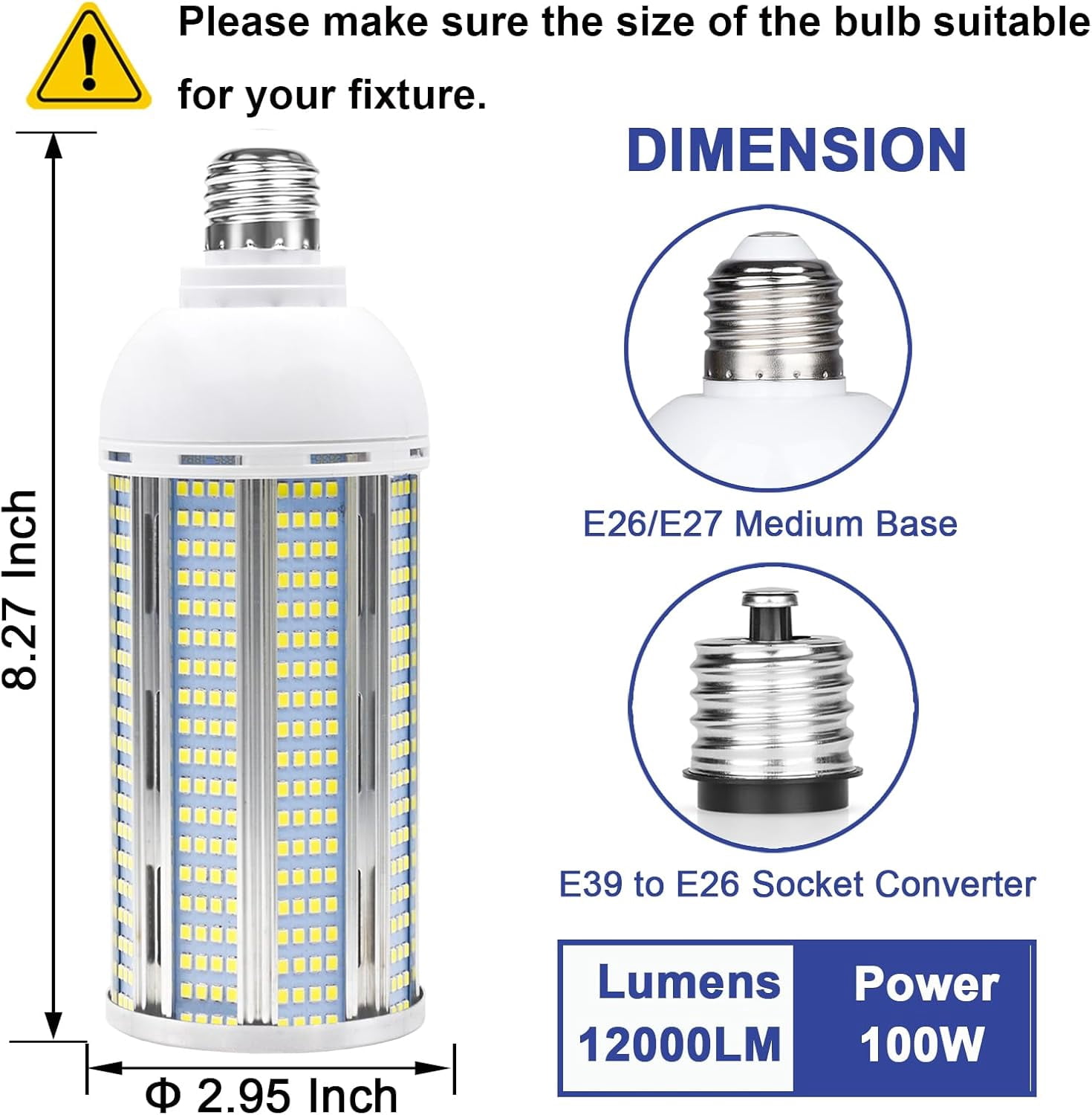 100W LED Corn Bulbs,12000 Lumen,6000K Daylight White,E26/E39 Base LED Corn Light Bulb,AC85-265V,LED Replacement Metal Halide HID CFL for Commercial Industrial Lighting Warehouse Garage Workshop.