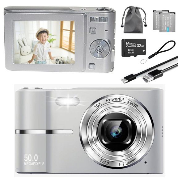 MAKATA Appareil Photo Numérique Compact 50MP Zoom 16X HD 1080P - Appareil Photo Numérique Point and Shoot 32 Go Deux Batteries - Appareil Photo pour Enfants Garçons Filles Tout-Petits Enfants Étudiants Débutants - Cadeau d'Anniversaire et des Fêtes (Argent)