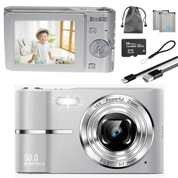 MAKATA Compact Digital Camera 50MP 16X Zoom HD 1080P - Point and Shoot Digital Camera 32GB Two Batteries - Kids Camera for Boys Girls Toddler Kids Students Beginners - Birthday  Holiday Gift (SILVER)