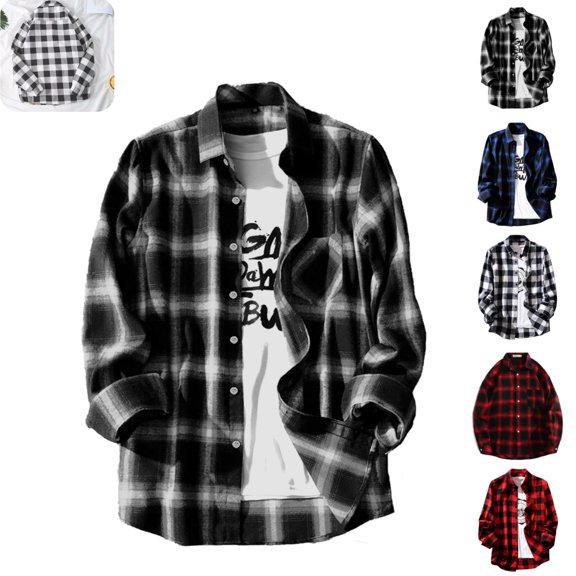 Mens Shirts Classic Checked Work Dress Long Sleeve T-Shirts Fall Vintage Plaid Regular Fit Button Down Shirts Coat with pockets Black L