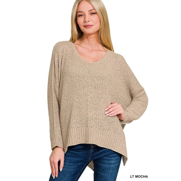 I AM A FASHION JUNKY Zenana Dolman Sleeve V-Neck Sweater (LTMOCHA, S/M)