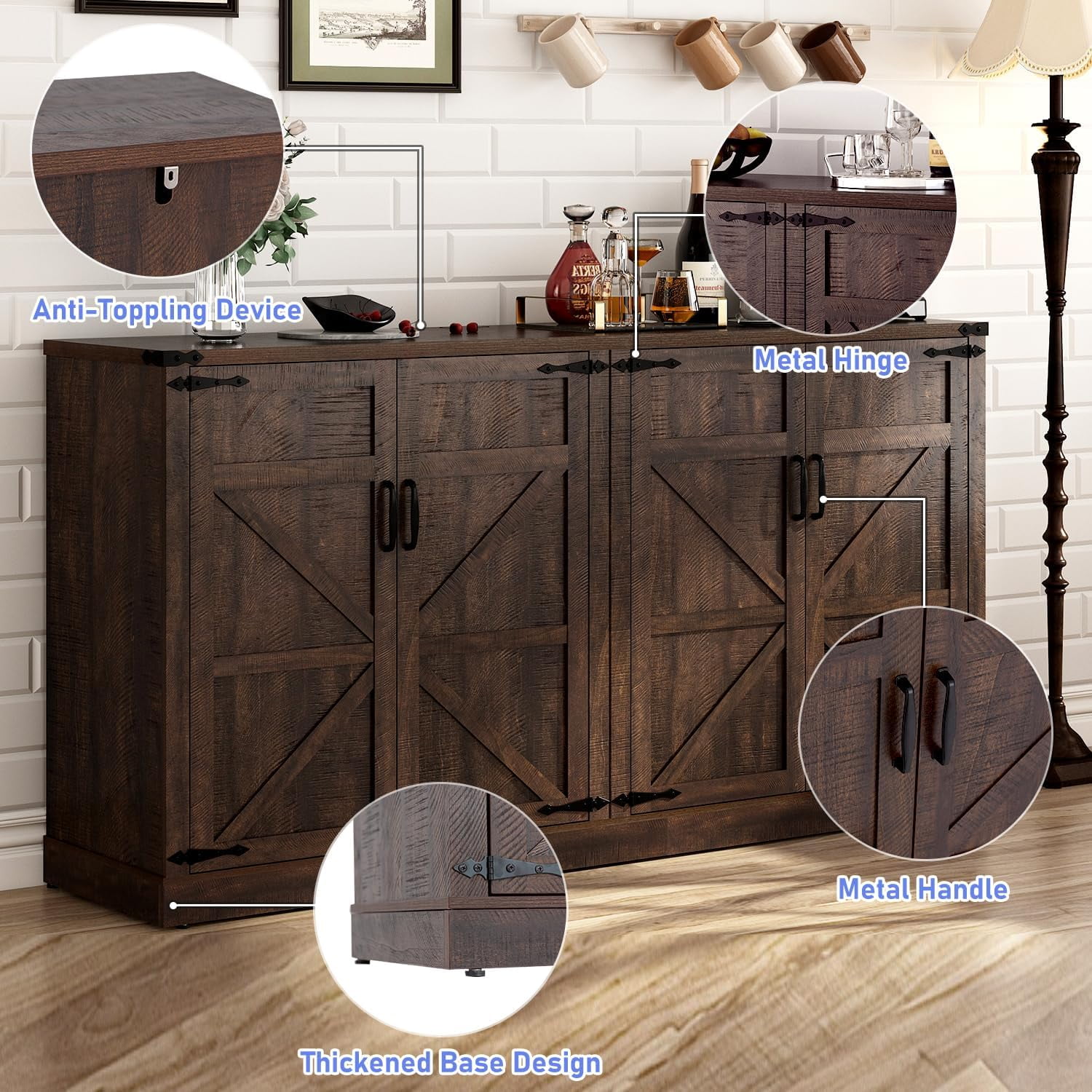 65" Large Farmhouse Buffets Cabinet w/Storage, 4 Barn Doors Coffee Bar Cabinet with Adjustable Shelves, Wood Sideboard Cabinet with Storage for Kitchen, Dining Room, Living Room, Brown
