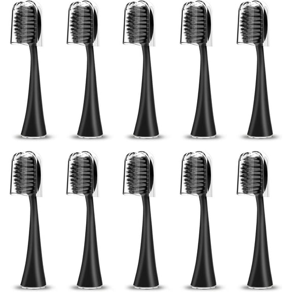 Replacement Toothbrush Heads for Burst Sonic Toothbrush with Dust Cover Caps, Charcoal Soft Bristles, Black, Pack of 10