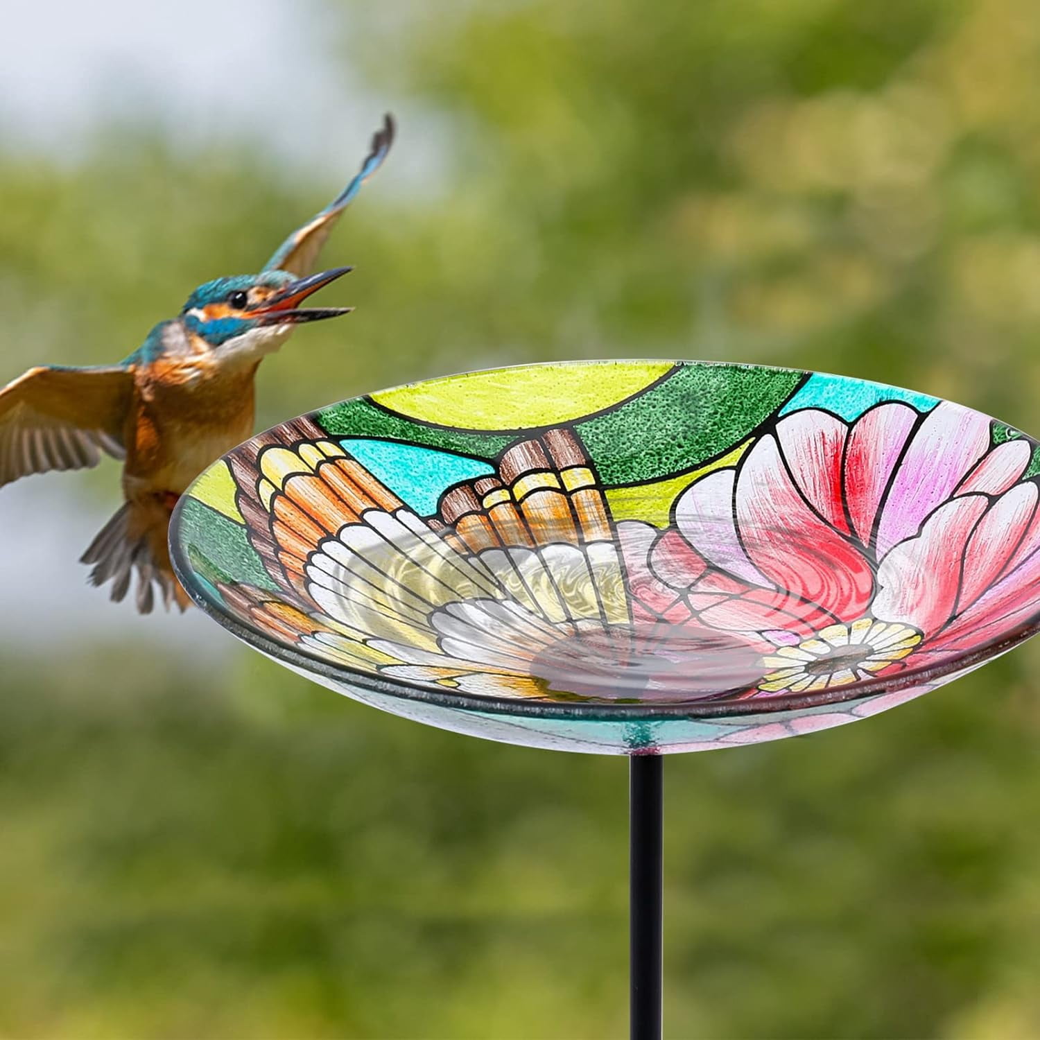 MUMTOP Glass Bird Bath with Metal Stake, Garden and Patio Decor and Butterfly & Flower Feeders