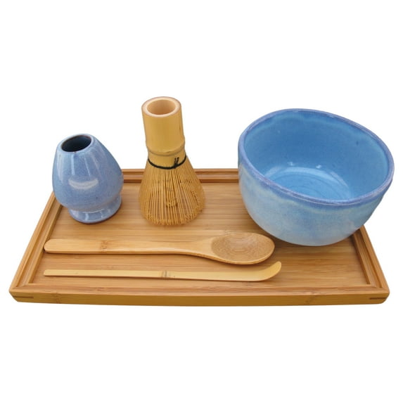 BambooMN Brand - Matcha Bowl Set (Includes Bowl, Rest,Tea Whisk, Chasaku, Tea Spoon & Tray) 2 Sets Shimmering Blue