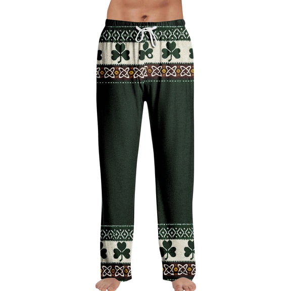 Domuza St Patricks Day Pajama Pants for Men Shamrock Clover Drawstring Stretch Waist Pj Pants Loose Fit Soft Lounge Sleep Pants with Pockets Light Green L