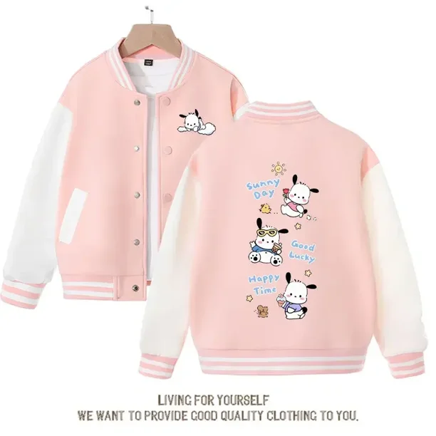 Sanrioed-Chaqueta de uniforme de béisbol para niños, abrigo de manga larga con estampado Kawaii, My Melody, Kuromi, Pochacco