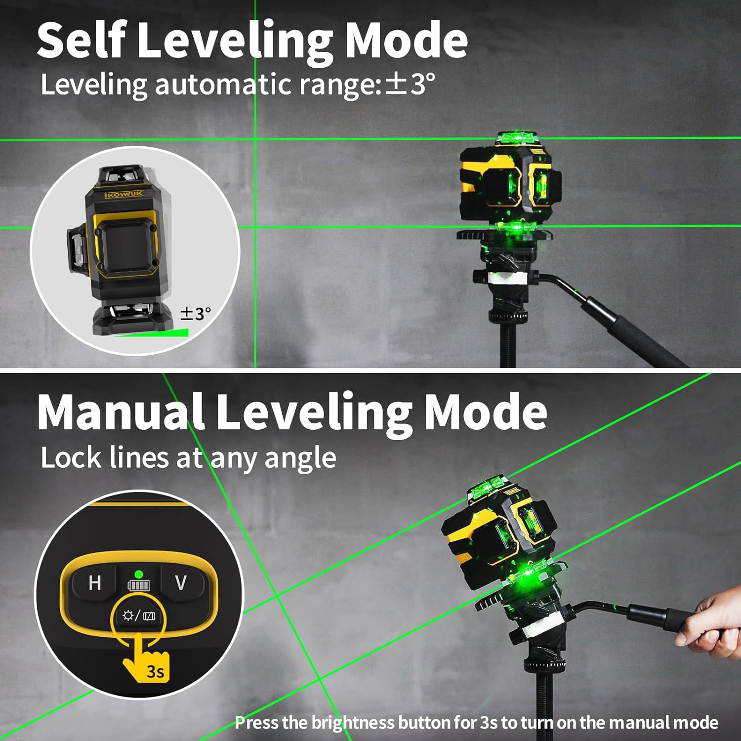 IKOVWUK 4x360° Laser Level Pro Kit, Self-leveling Tool for Construction, Tiling Floor & Picture Hanging, 4D Cross Line Laser Level with Fine-tuning Bracket, 16 Lines Laser level with 2*4.0Ah Battery