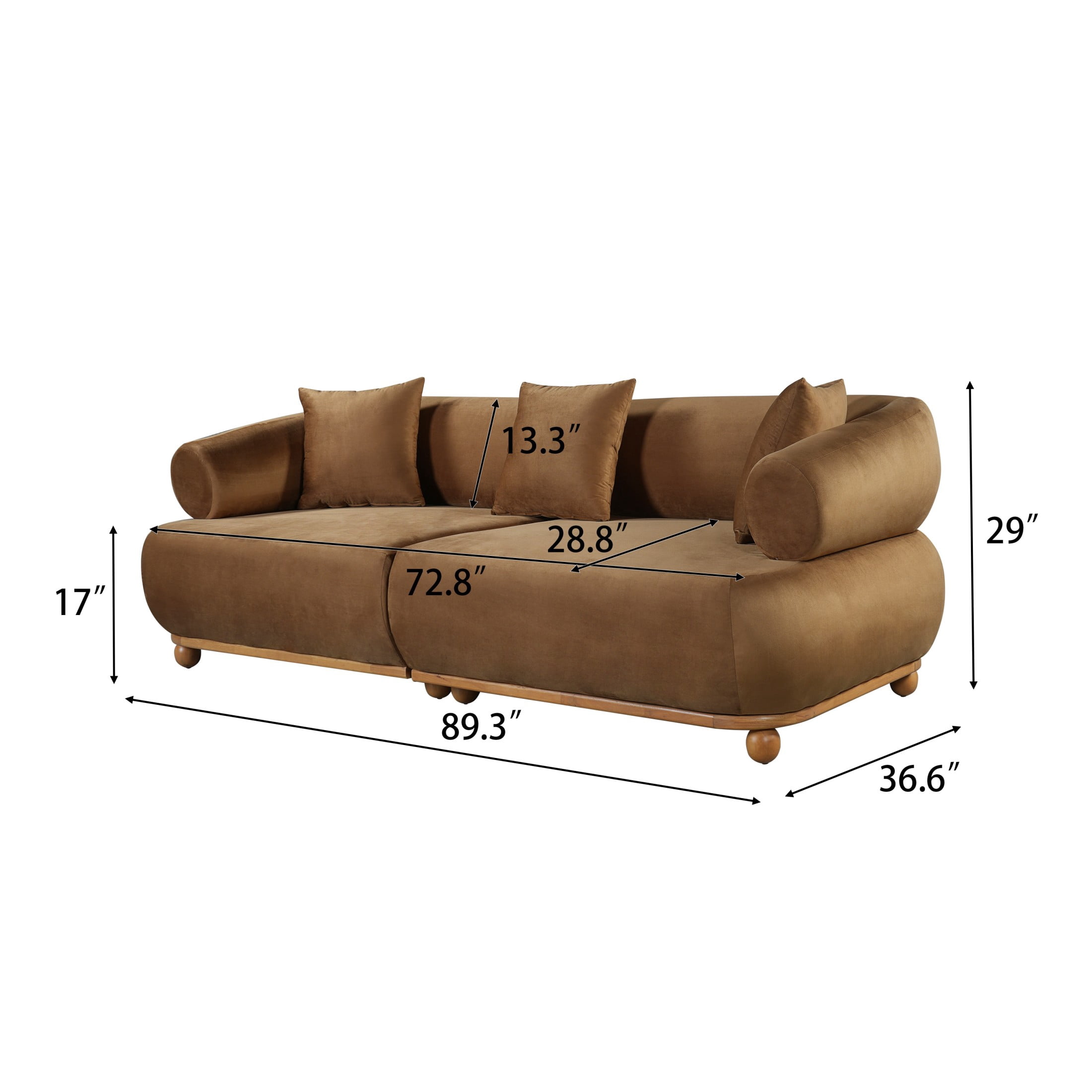 Christopher Knight Home 89.3" Modern Velvet Sofa with Throw Pillows, 3 Seats, Solid Wood Base, Khaki