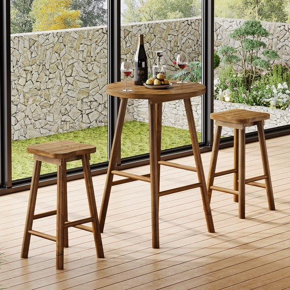Round Bar Table with Chairs, 37.4" High Solid Wood Pub Table, Farmhouse Bistro Sets with 2 Barstools