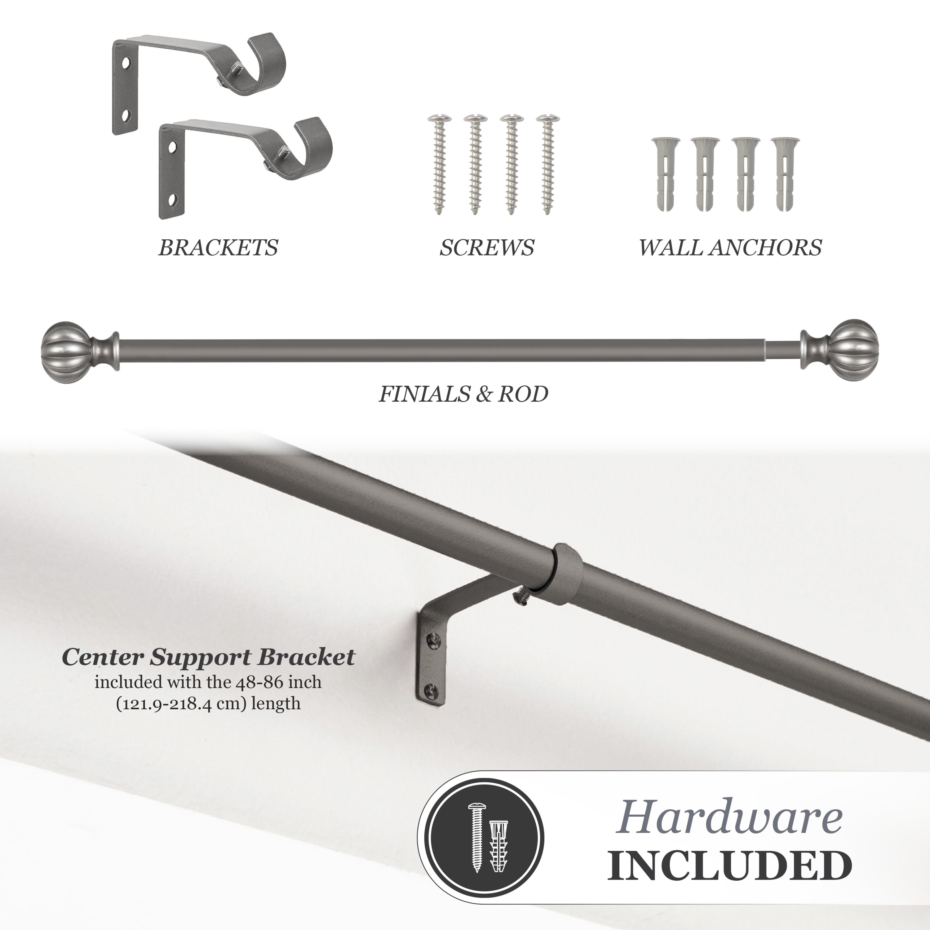 Kenney 0.62" Pewter Ball Adjustable Single Curtain Rod Set, 28"-48"