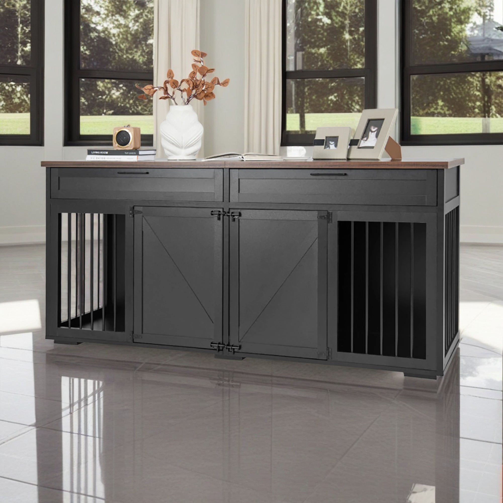 resenkos 72" Double Door Dog Crates with Partition for Two Puppies, Large Furniture Style Dog Cage, Dog House Kennel for Indoor Dogs, Black