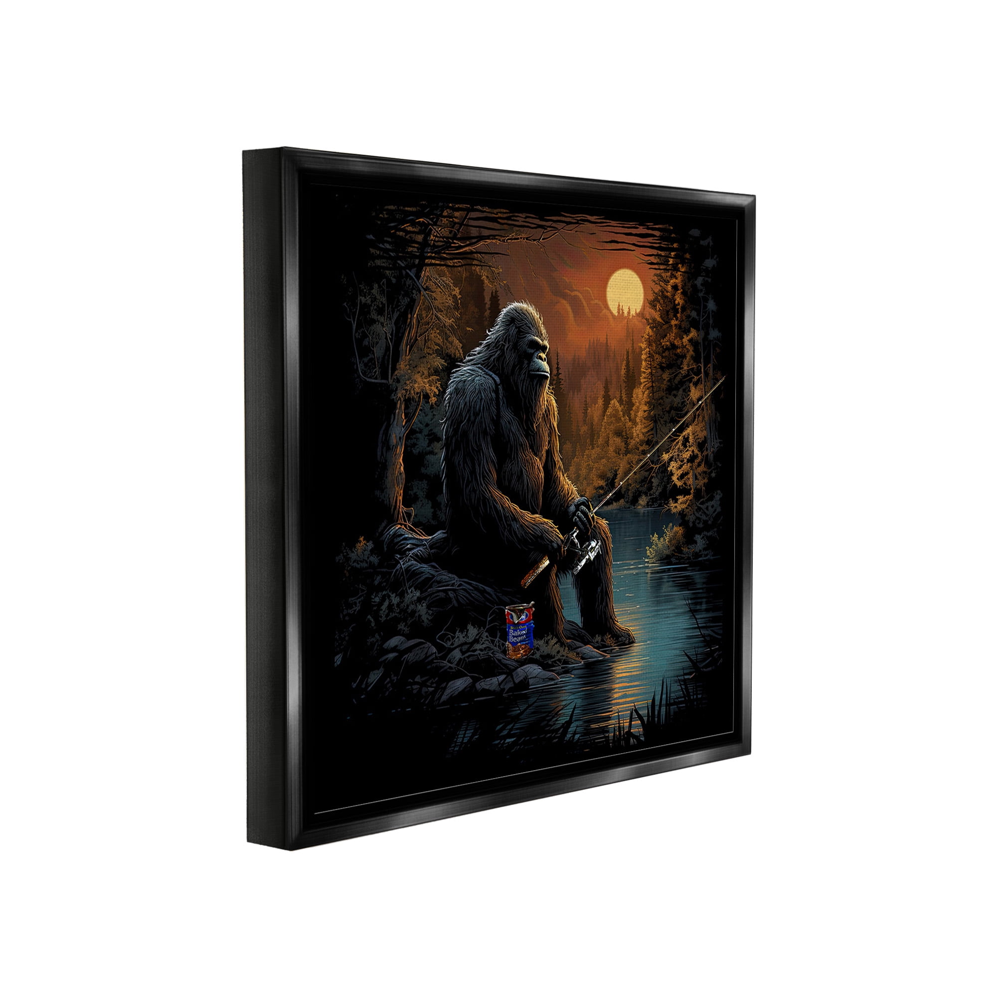 Stupell Industries Monster Fishing at Lake Fairy Tales & Fantasy Painting Black Floater Framed Canvas Art Print Wall Art, 18 x 18