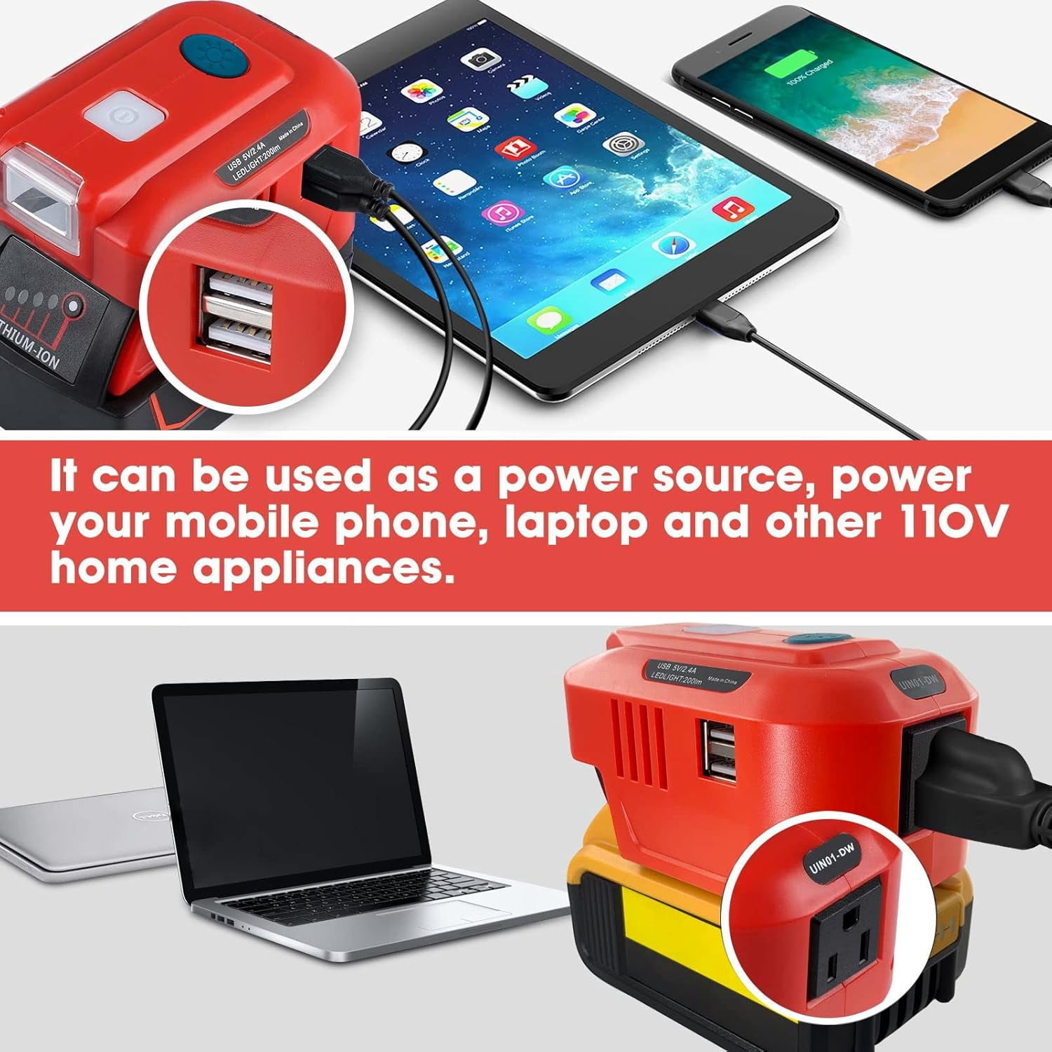 Power Inverter for DeWALT 20V Battery, 150Watt Powered Inverter Generator, with 1 AC Outlet 2 USB Ports LED Light Outdoor Generator for Road Trip, Home Emergency, Laptops, USB Charger Adapter