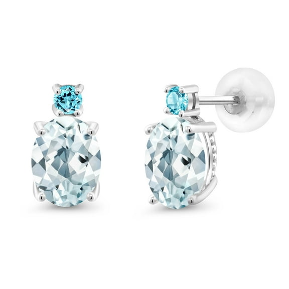 Gem Stone King 14k White Gold Sky Blue Aquamarine and Swiss Blue Topaz Earrings for Women (2.36Cttw, GemstoneMarch Birthstone, Oval 8X6MM, Round 2.5MM)