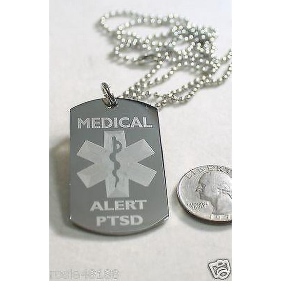 MEDICAL ALERT PTSD  SILVER  STAINLESS STEEL  DOG TAG NECKLACE FREE  ENGRAVING