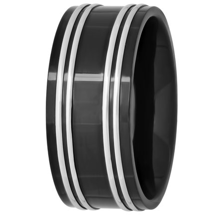 Men's Stainless Steel Black IP 9MM Pinstripe High Polish Wedding Band - Mens Ring
