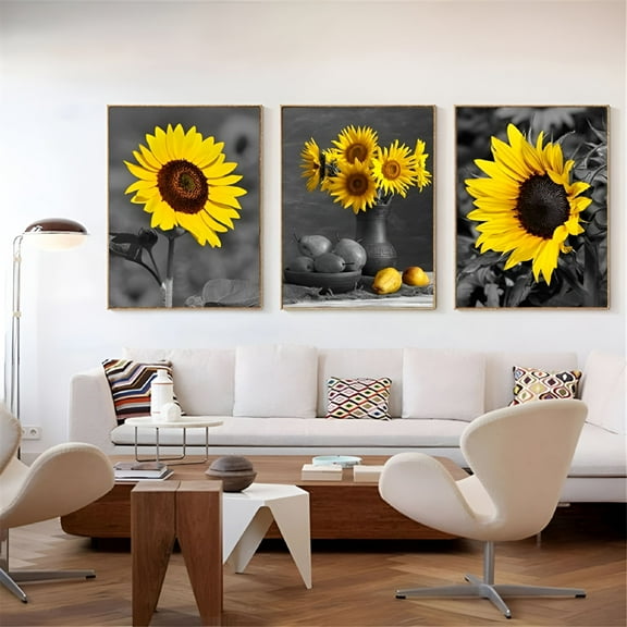 LAMIRO Sunflower Decor Pictures Wall Art - 3 Pieces Canvas Prints Sunflower Wall Decor for Living Room Kitchen Bathroom Simple Life Flower Painting Artwork