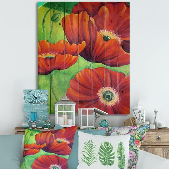 Designart 'Red Blossoming Poppies Over Wild Green V' Traditional Print on Natural Pine Wood