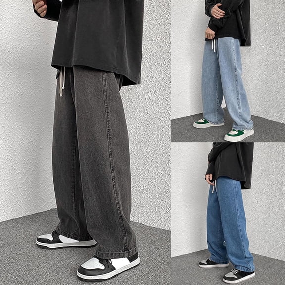 Blekii Men's Relaxed Fit Jeans, Oversized Straight Leg Denim Pants, Black Wide Leg Trousers for Fall/Winter, High Street Fashion Style, Casual Comfort Jeans for Streetwear, Big &