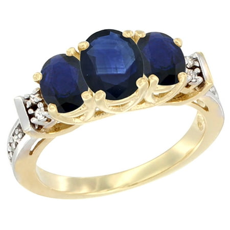 10K Yellow Gold Natural  Blue Sapphire Ring 3-Stone Oval Diamond