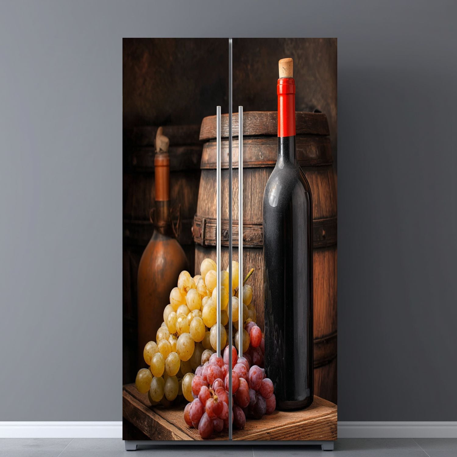 Self Adhesive Vinyl Refrigerator Wrap Set Wine bottle grapes barrel Door Mural Removable Fridge Sticker Peel and Stick&nbsp;Full Door Cover Decal Kitchen Bar Decor