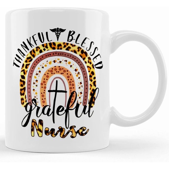 Nurse Thankful Blessed Grateful Nurse Leopard Rainbow Thanksgiving Gift Ceramic Mug Custom Text Coffee Cups, Office Home Novelty Gift, Ceramic Novelty Coffee Mug, Tea Cup, Gift Present F
