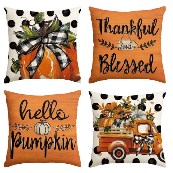 Sm:)e Thankful Blessed Truck Fall Throw Pillow Covers, 18 x 18 Inch Autumn Hello Pumpkin Thanksgiving Harvest Polka Dot Decorations for Sofa Couch Set of 4