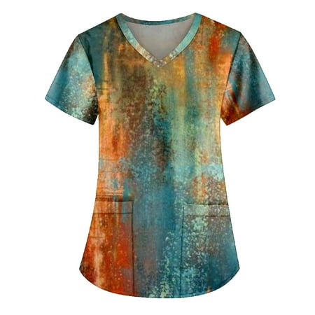 

BIZIZA Scrub Tops Women Elegant Plus Size Short Sleeve Scrubs Graphic V Neck with Two Pocket Womens Fashion Tops Orange S