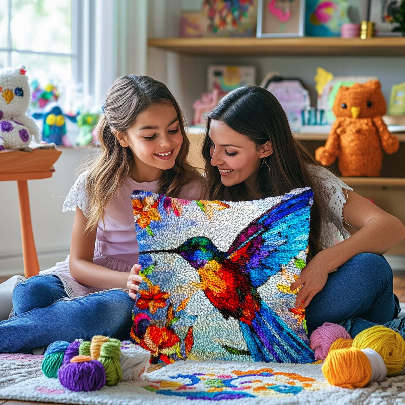 Colorful Stained Glass Hummingbird DIY Latch Hook Pillow Kits for Adults Printed Pillowcase Crochet Yarns Hooking Handmade Pillow Cover Cushion for Home Sofa Decoration 17x17inch