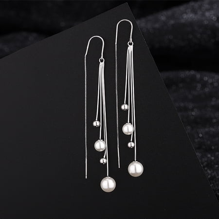 Leander 925 sterling silver pearl tassel earrings, long round bead earrings, offer ultimate luxury, simple and stylish design, complementing any outfit and perfect for everyday wear.