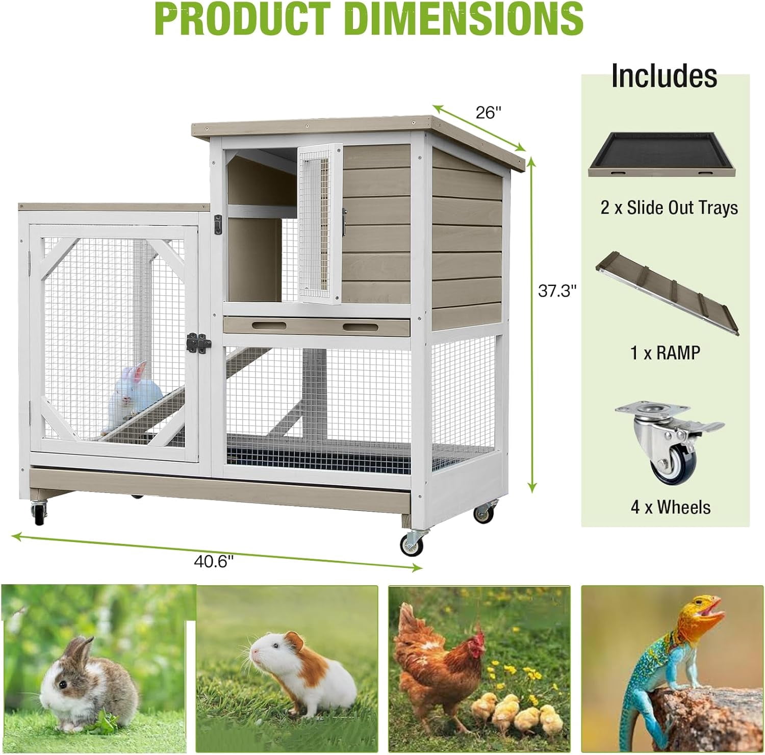 Aivituvin 2-Story Rabbit Hutch with Chew-Proof Ramp & Pull-Out Trays - Indoor/Outdoor 39.3" Wooden Rabbit Cage on Wheels for Rabbits, Guinea Pigs (Light Brown)