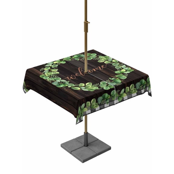 Outdoor Tablecloth with Umbrella Hole for Patio/Picnic/Party/Camping, Spring Eucalyptus Leaves Waterproof Table Cloth Square Cover Washable, Farmhouse Botanical Brown Wood (54"x 54")