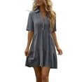 thumbnail image 2 of Horkkom Linen Dress Women Mini Solid Color Short Sleeve Summer Dresses Vacation Pleated Beach Dresses, S-3XL, 2 of 9