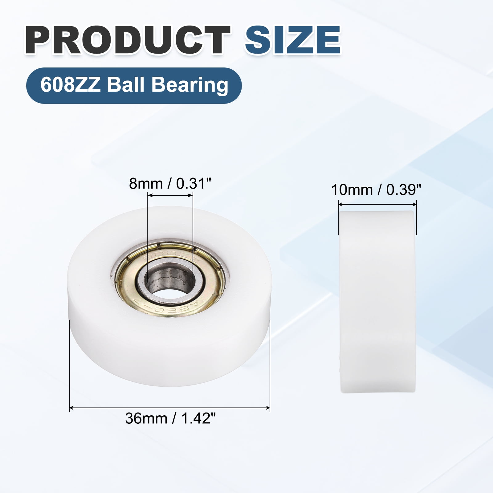 15 Pack 608ZZ Ball Bearing Guide 8x36x10mm Double Metal Shielded Nylon Roller Bearings, Flat Pulley Wheel for Furniture, Hardware Accessories, White