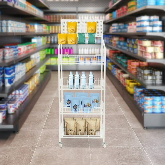 4-Tier White Mobile Retail Display Rack Snack Storage Organizer Basket Stand with Hook for Supermarkets