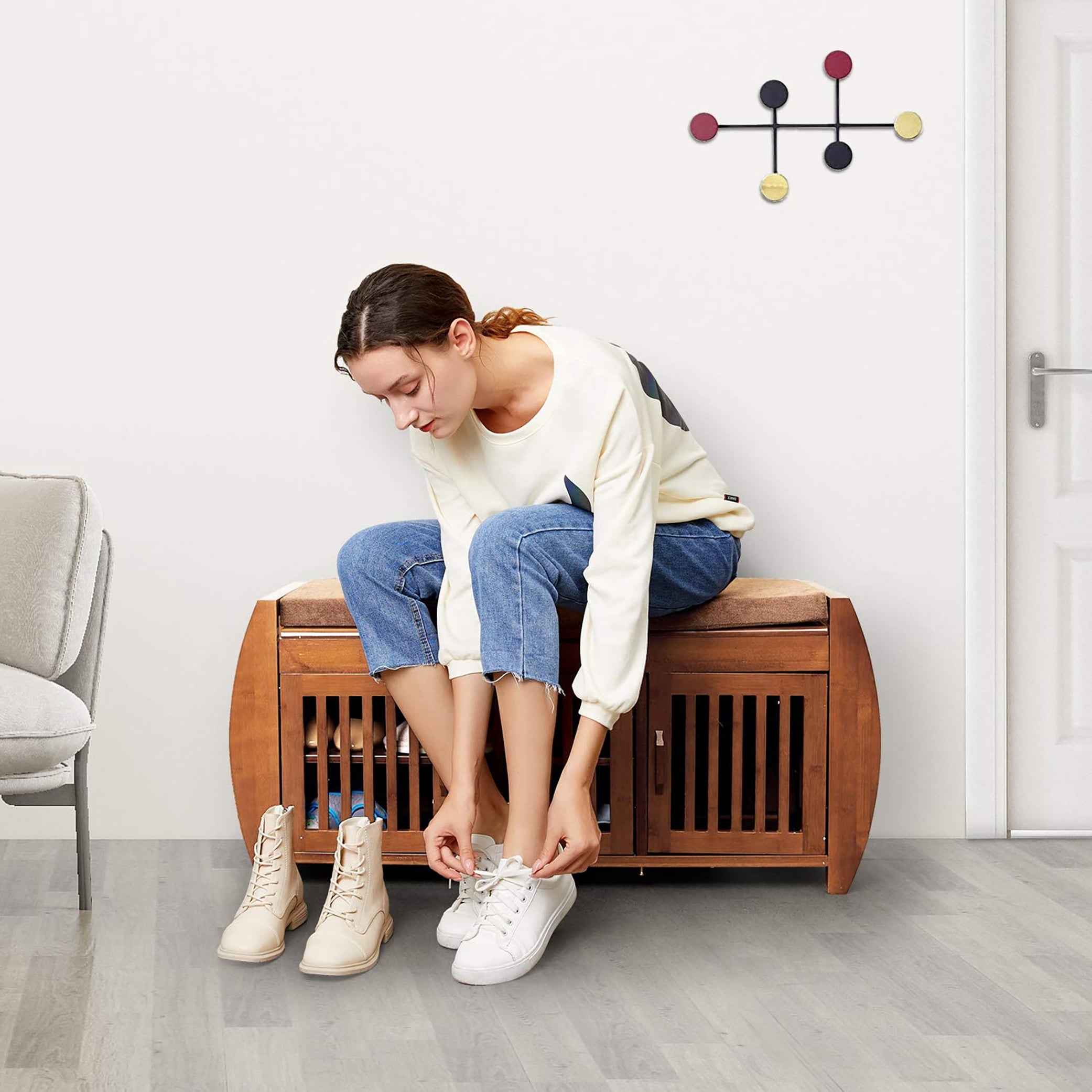BALANBO Bamboo Shoe Benches & Shoe Rack, Entryway Storage Organizer,Detachable Cushion with Hidden Storage Compartment