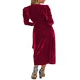 thumbnail image 4 of Femmes Velours Midi Robe Bodycon Couleur Unie V-Cou Tie-Up Robe à Manches Longues Robe de Soirée, 4 of 5