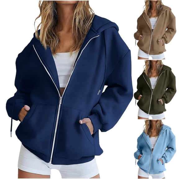 Hesxuno Women Zip Up Workout Sweatshirts 2026 Loose Fit Drawstring Hoodies Long Sleeve Sweat Shirts Fall Winter Track Jackets with Pockets Khaki S
