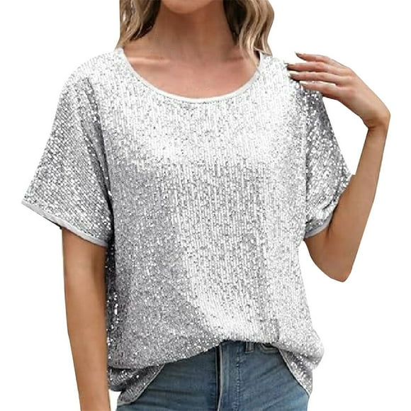 Outfmvch Mardi Gras Shirts for Women,Graphic Tees,Carnival Tshirts,Graphic Tshirt,Mardi Gras Clothes,Women's Sparkly Sequin Tops Short Sleeve Glitter Loose Shirt Blouse Boat Neck Top Silver M