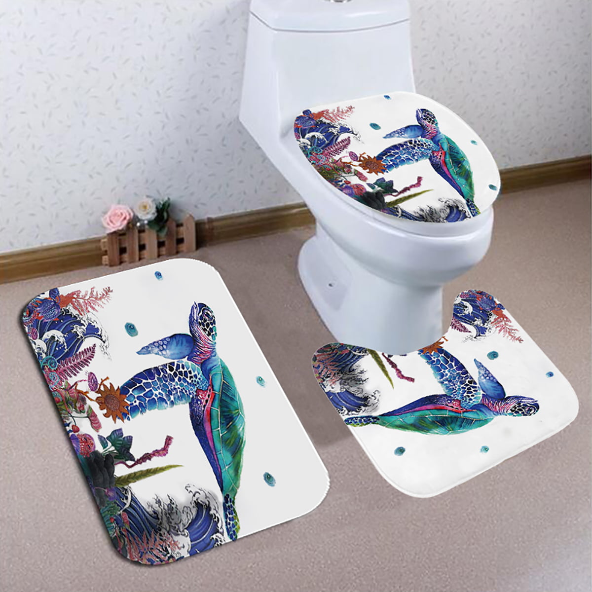 Bathroom Shower Curtain+12 Hooks+Non-Slip Pedestal Rug+Lid Toilet Cover+Bath Mat 