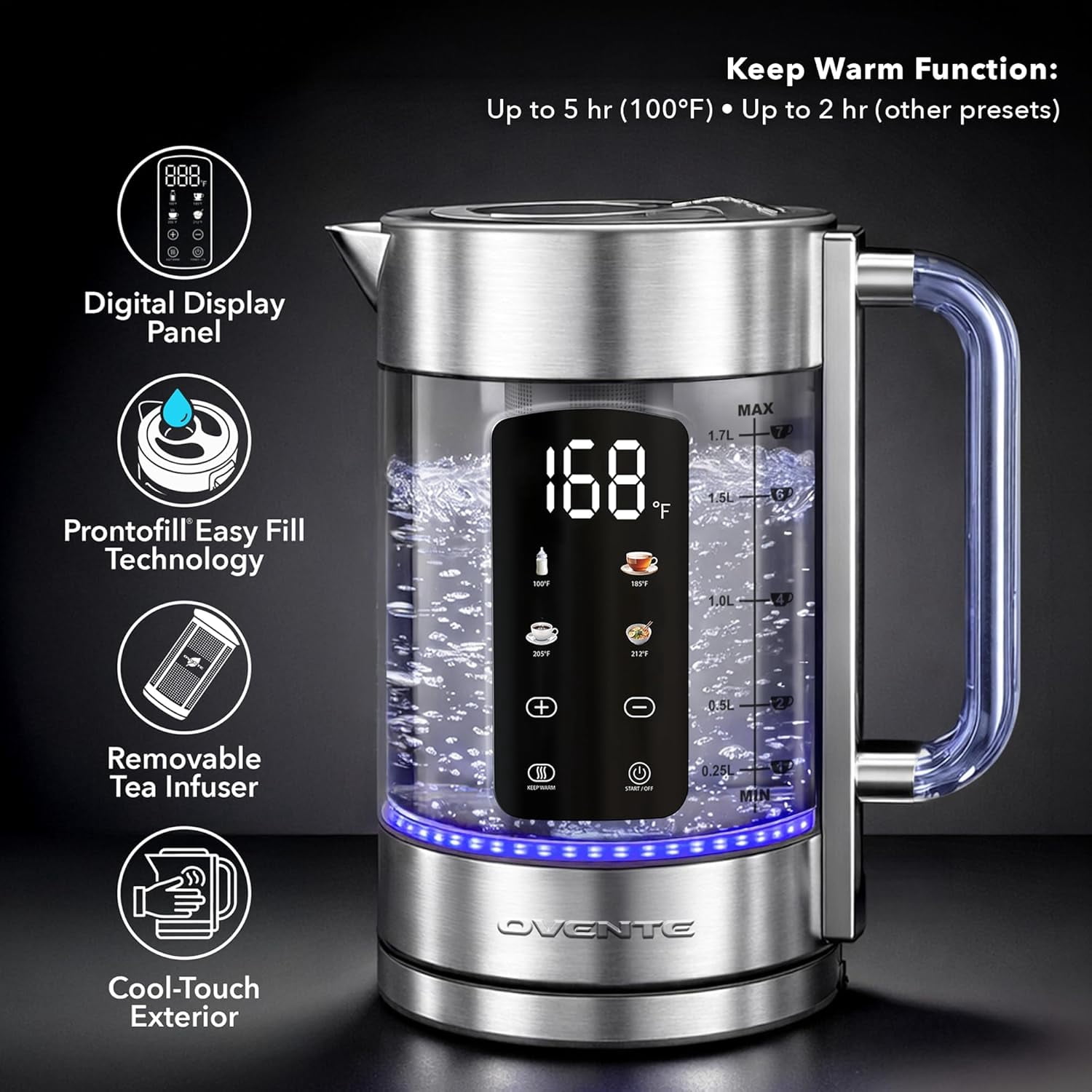 OVENTE Digital Glass Electric Tea Kettle 1.7L with Color-Changing LED Lights Temperature Control, Double-Wall Cool Touch, 4 Presets, Keep Warm, Tea Infuser & Boil-Dry Protection, Silver KGD913S